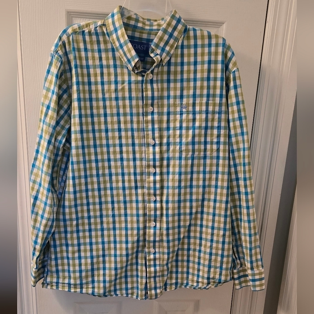 Men's Coast Blue and Green Plaid Shirt, Button Down, Size L (1206)